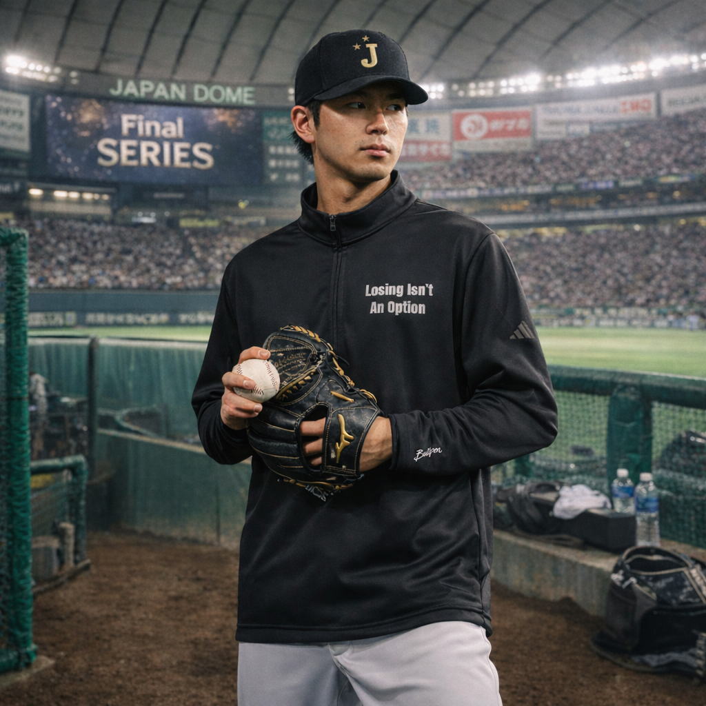 Baseball player in a black jacket with a message, holding a baseball and glove, in a stadium setting.