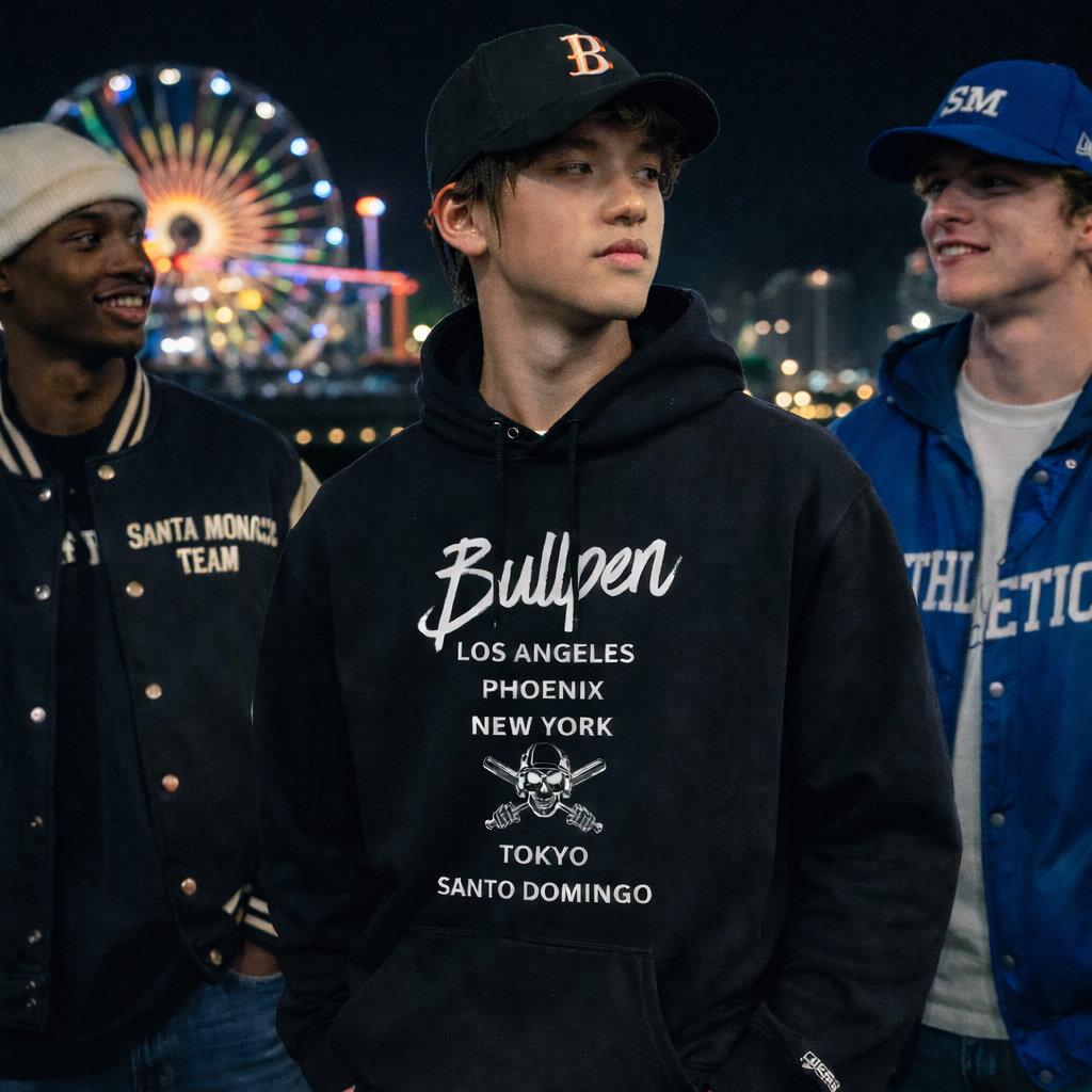 Three young men standing in front of a Ferris wheel at night.